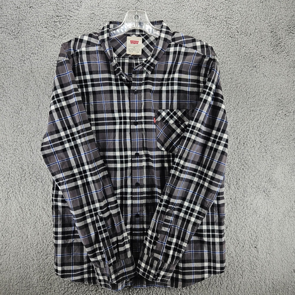 Levis Mens XL Plaid Button Down Shirt Grey Black Long Sleeve